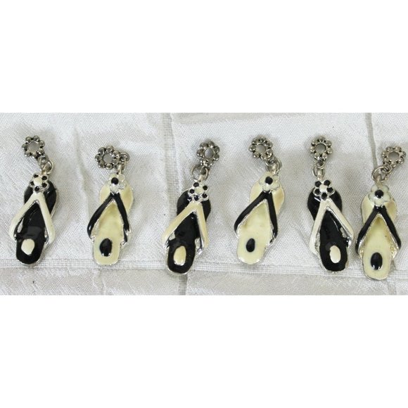 Lot of 6 Flip Flop Charms Black and White Enamel on Metal - Jewelry Making Craft - Picture 2 of 4